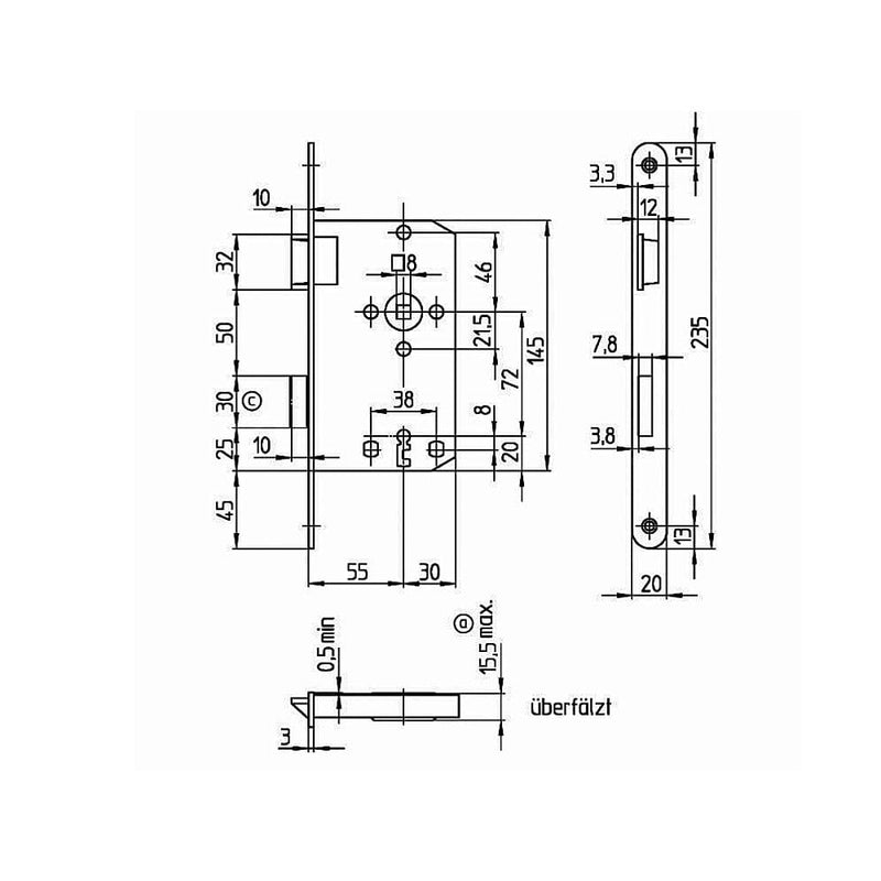 Gelbrot Tür Gelbrot Einsteckschloß 55 Dorn 20 Stulp BB 72 8 mm Nuß ls Klasse 1 Links